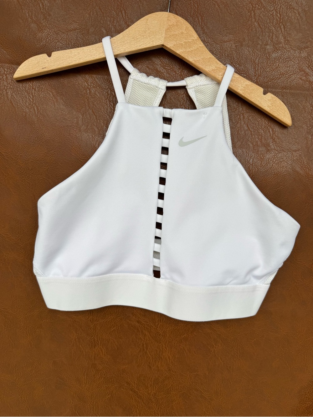 Nike Dri FIT Womens S White High Neck Sports Bra Cage Racerback Mesh Workout